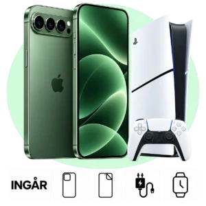 iPhone 18 Pro Max (256 GB) med PlayStation 5 Digital. Skal, skärmskydd, laddare och smartwatch ingår.