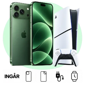 iPhone 18 Pro Max (256 GB) med PlayStation 5 Digital. Skal, skärmskydd, laddare och smartwatch ingår.