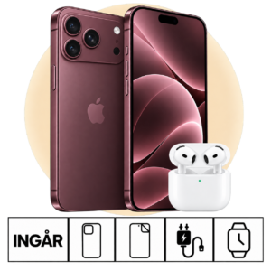 iPhone 18 Pro Max i Bourgogne med PlayStation 5 Digital och inkluderade tillbehör.