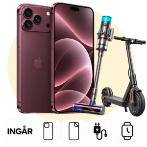 iPhone 18 Pro Max i Bourgogne med PlayStation 5 Digital och inkluderade tillbehör.
