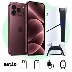iPhone 18 Pro Max i Bourgogne med PlayStation 5 Digital och inkluderade tillbehör.