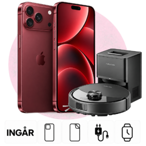 iPhone 18 Pro Max i Bourgogne med PlayStation 5 Digital och inkluderade tillbehör.