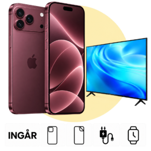 iPhone 18 Pro Max i Bourgogne med Samsung TV 55 tum och inkluderade tillbehör.