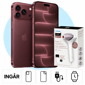iPhone 18 Pro Max i Bourgogne med PlayStation 5 Digital och inkluderade tillbehör.