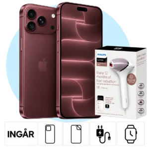 iPhone 18 Pro i Bourgogne med Philips BRI947, skal, skärmskydd, laddare och smartwatch.