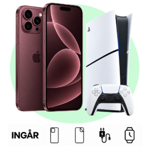 iPhone 18 Pro Max i Bourgogne med PlayStation 5 Digital och inkluderade tillbehör.