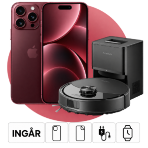 iPhone 18 Pro Max i Bourgogne med PlayStation 5 Digital och inkluderade tillbehör.