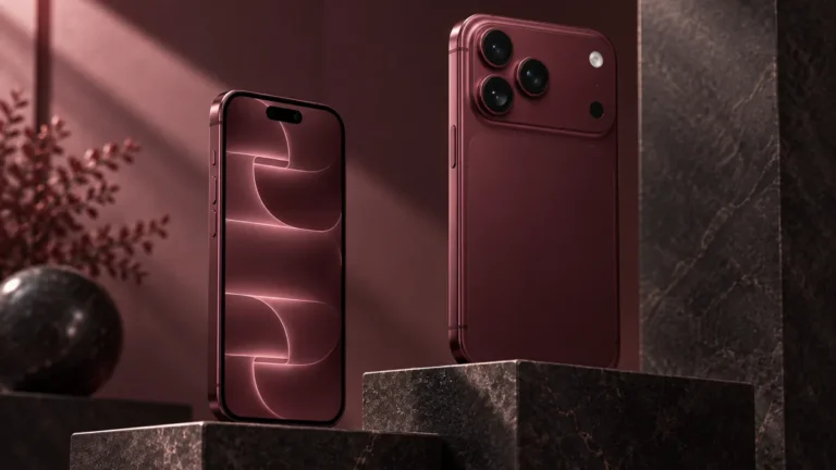 iPhone 18 Pro och iPhone 18 Pro Max i olika storlekar på mörka podier