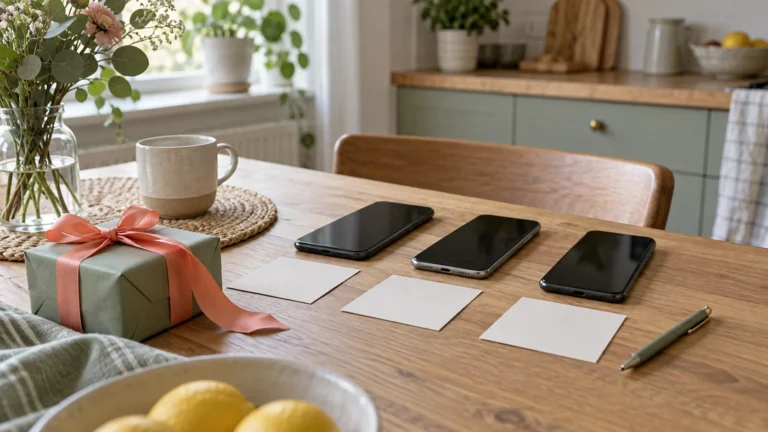 Tre generiska mobiler och ett presentpaket på ett köksbord