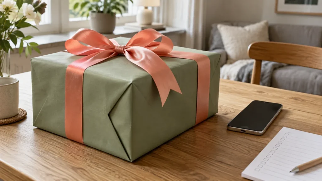 Presentpaket och en generisk mobil på ett bord