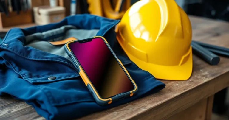Mobiltelefon i skyddsskal bredvid arbetsjacka och skyddshjälm.
