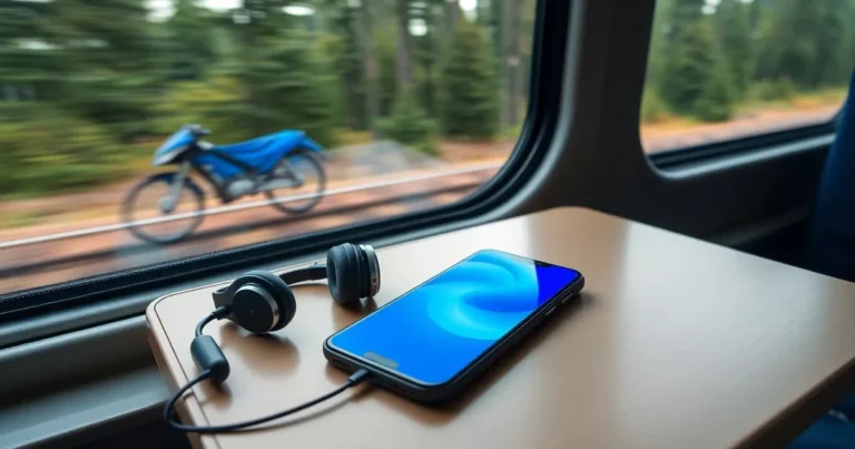 Mobiltelefon och hörlurar på ett tågbord med skog utanför fönstret.