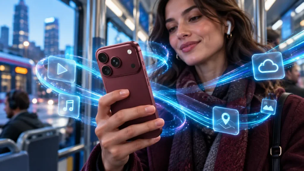 iPhone 18 används på kollektivtrafik med visuella symboler för surf och molntjänster