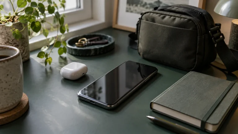 Generisk mobil med hörlurar och anteckningsbok på ett skrivbord