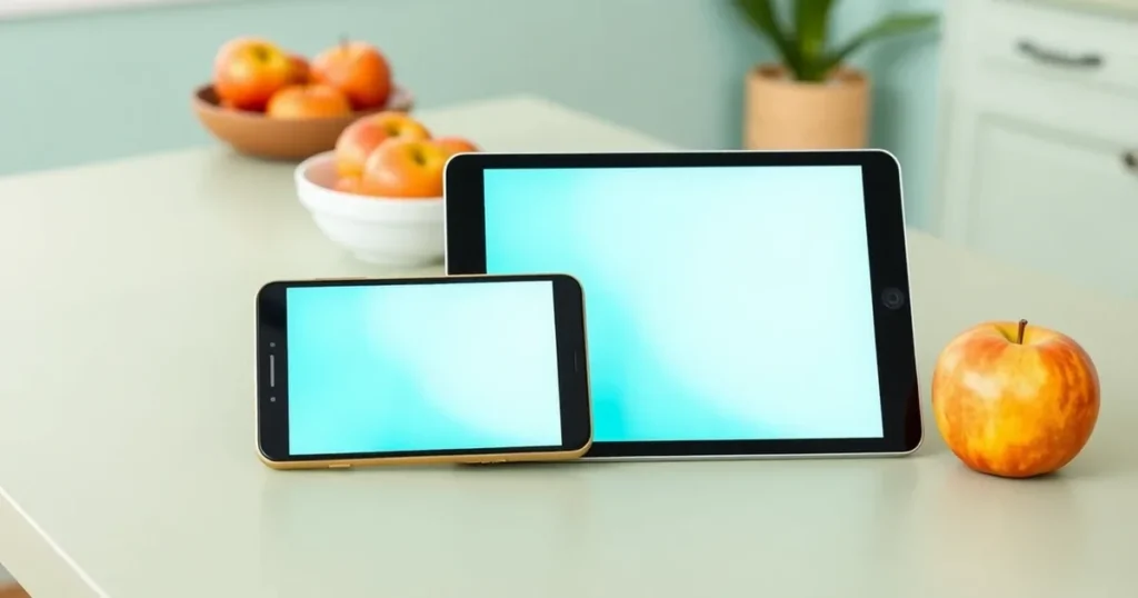 Mobiltelefon och surfplatta på ett bord som illustration till Familjedelning