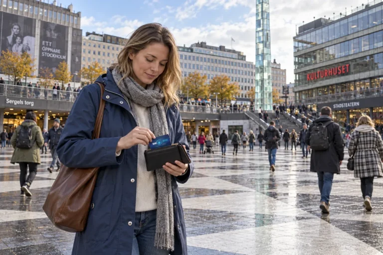En person ordnar SkimSkydd och bankkort i plånboken vid Sergels torg i Stockholm
