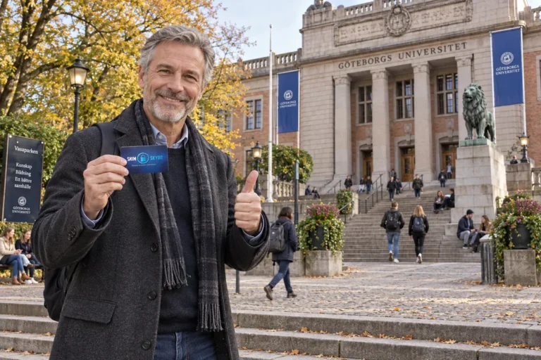 En person visar ett SkimSkydd RFID-skyddskort och gör tummen upp utanför Göteborgs universitet i Vasaparken