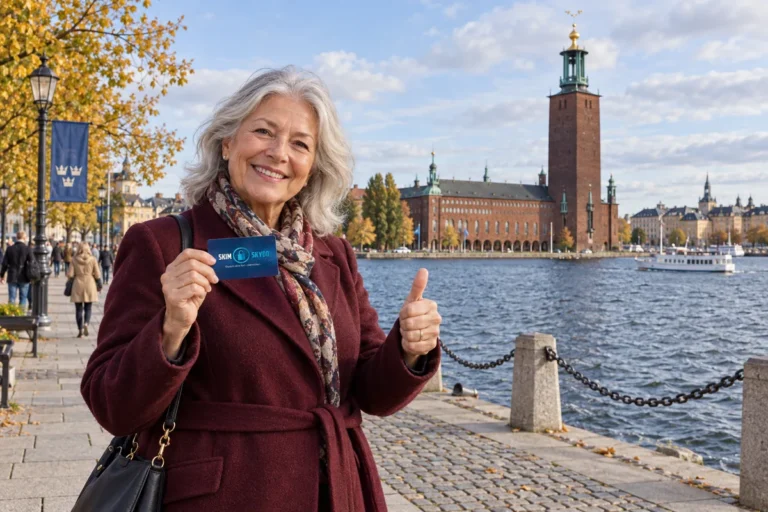 En person visar ett SkimSkydd RFID-skyddskort och gör tummen upp vid Stockholms stadshus