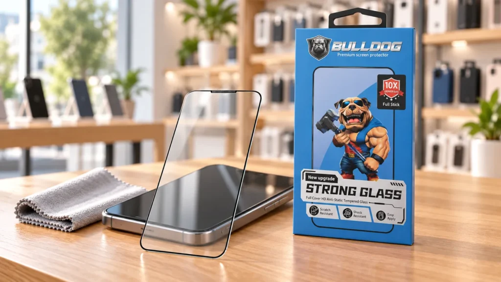 Hög blå Bulldog-förpackning med klart skärmskydd och mobil på en butiksdisk