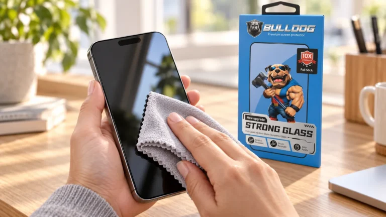 En mobilskärm torkas med en ren mikrofiberduk bredvid en blå Bulldog-förpackning