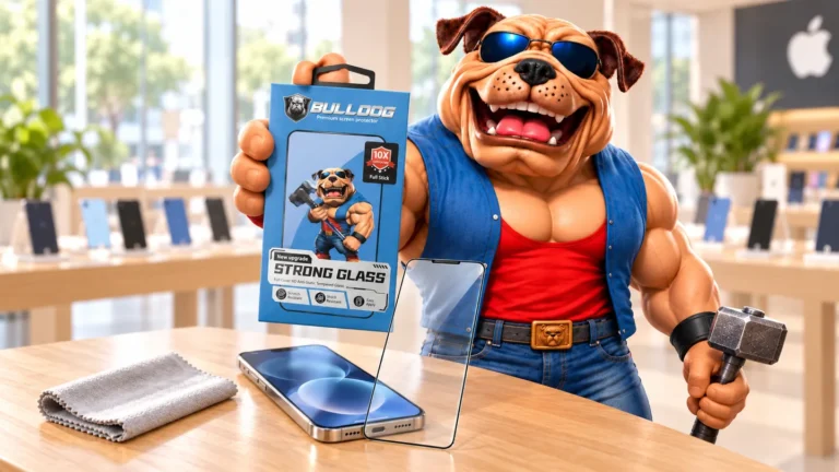 Bulldog-maskoten visar en blå produktförpackning och ett klart skärmskydd vid ett butiksbord
