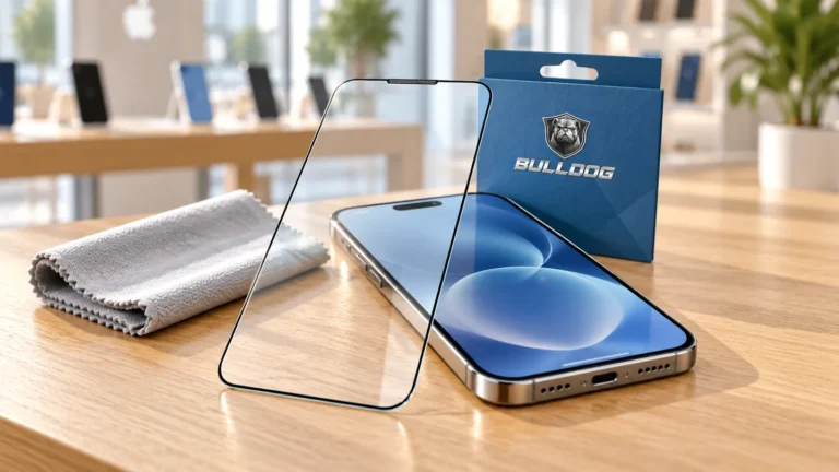 Klart Bulldog-skärmskydd i härdat glas framför en iPhone, med rengöringsduk och Bulldog-logotyp på förpackningen
