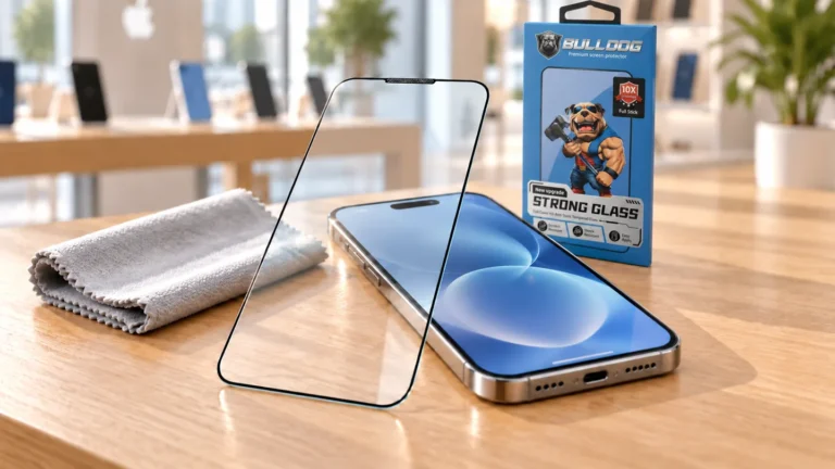 Klart Bulldog-skärmskydd i härdat glas framför en iPhone, med rengöringsduk och den blå Bulldog-produktförpackningen