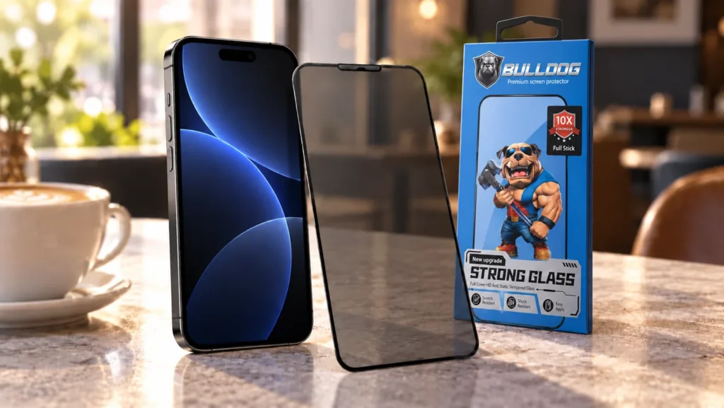 Mörkt transparent Bulldog privacy skärmskydd bredvid en iPhone och den blå Bulldog-produktförpackningen på ett kafébord