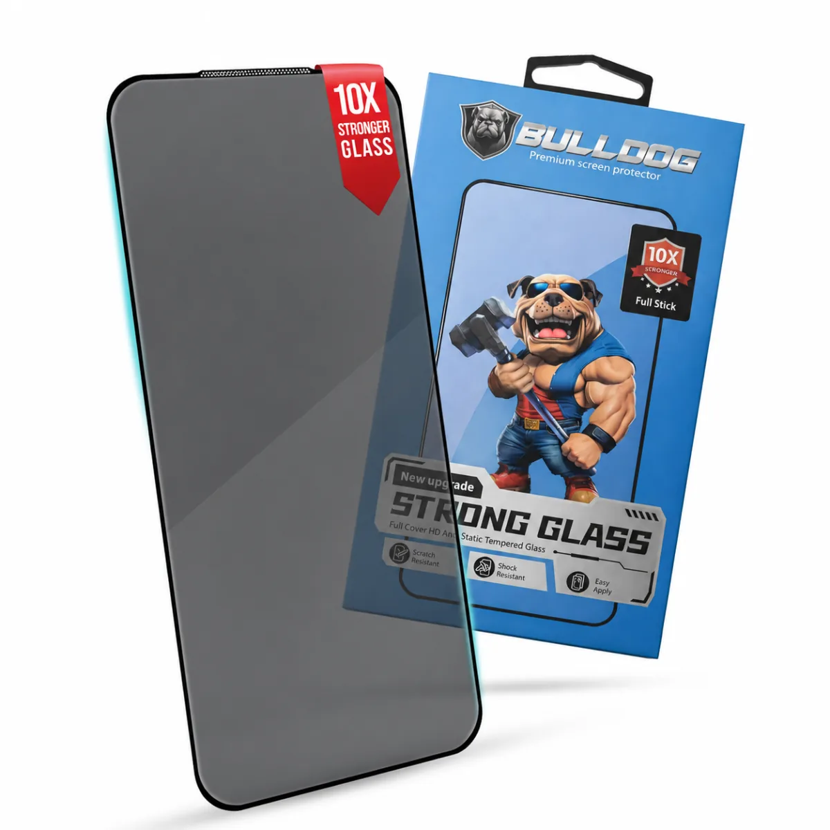 Bulldog privacy skärmskydd med mörkt genomskinligt glas och blå produktförpackning