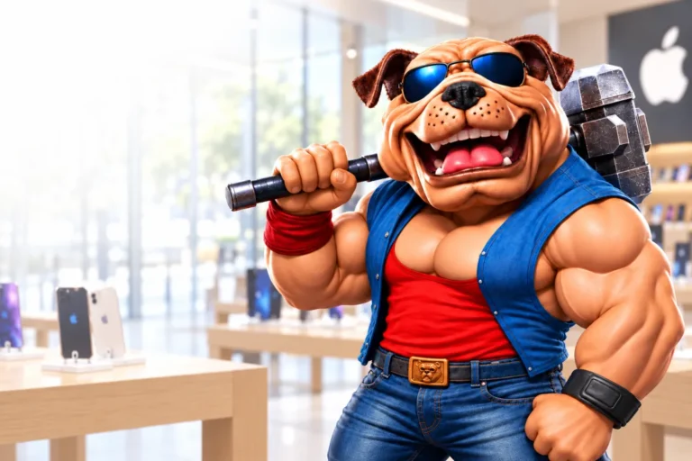 Bulldog-maskoten med hammaren på axeln i en butik – privacy skärmskydd till iPhone
