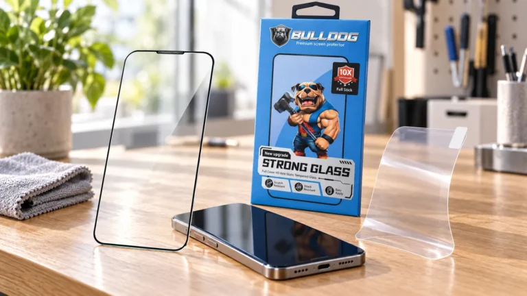 Bulldog-förpackning bredvid klart skyddsglas och böjd skyddsfilm på ett ljust bord