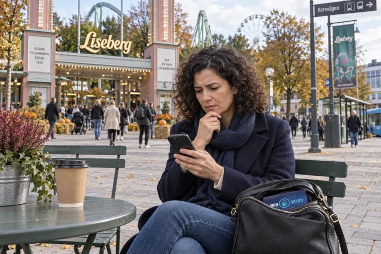 En person granskar korttransaktioner i mobilen utanför Lisebergs entré i Göteborg
