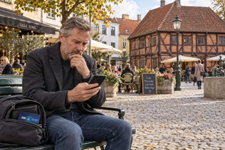 En person granskar korttransaktioner i mobilen på Lilla torg i Malmö