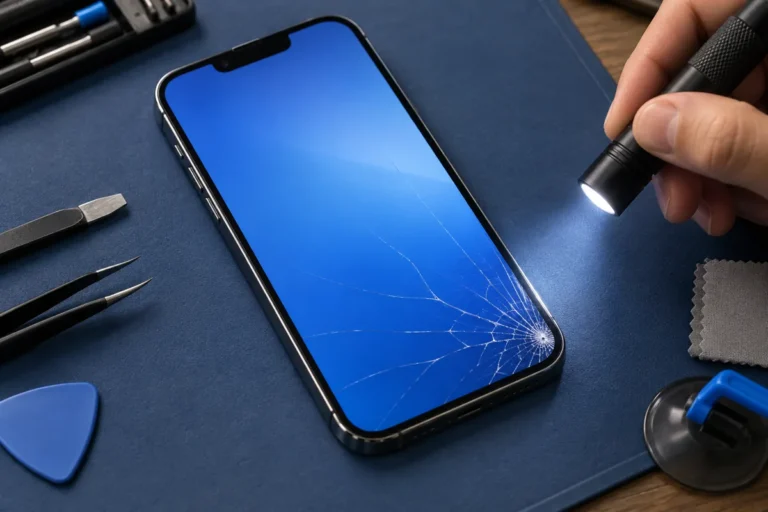 Sprucket skärmglas på en iPhone med skärmhack undersöks på en reparationsmatta – illustration