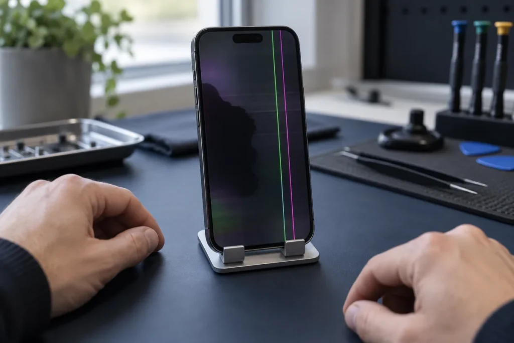 iPhone-skärm med gröna och lila linjer samt en mörk fläck – illustration