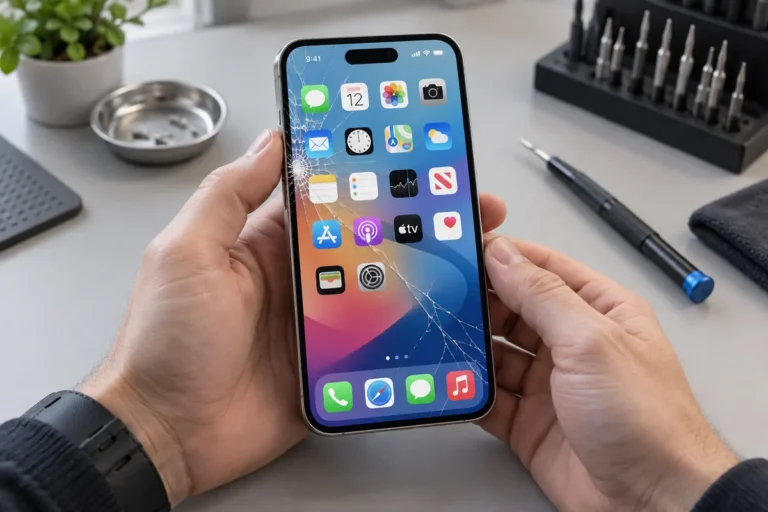 iPhone med sprucket skärmglas och synlig bild på displayen – illustration