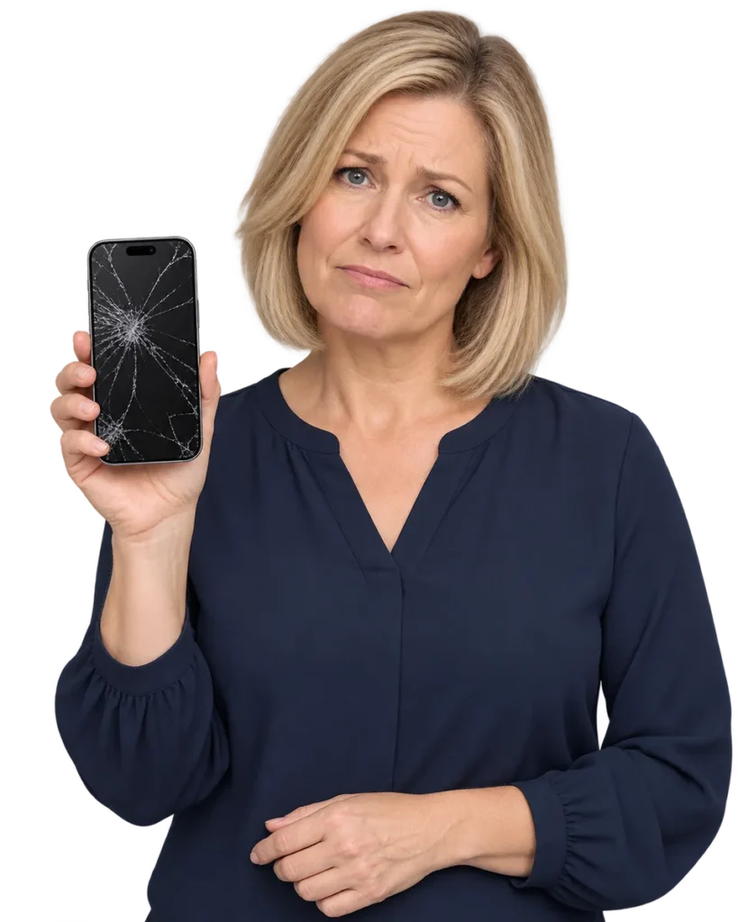 Kvinna i mörkblå blus håller en iPhone med sprucket glas – illustration