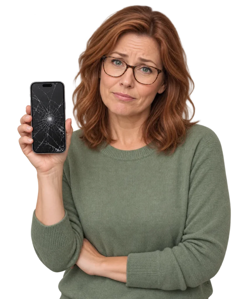 Kvinna med glasögon håller en iPhone med skadat skärmglas – illustration