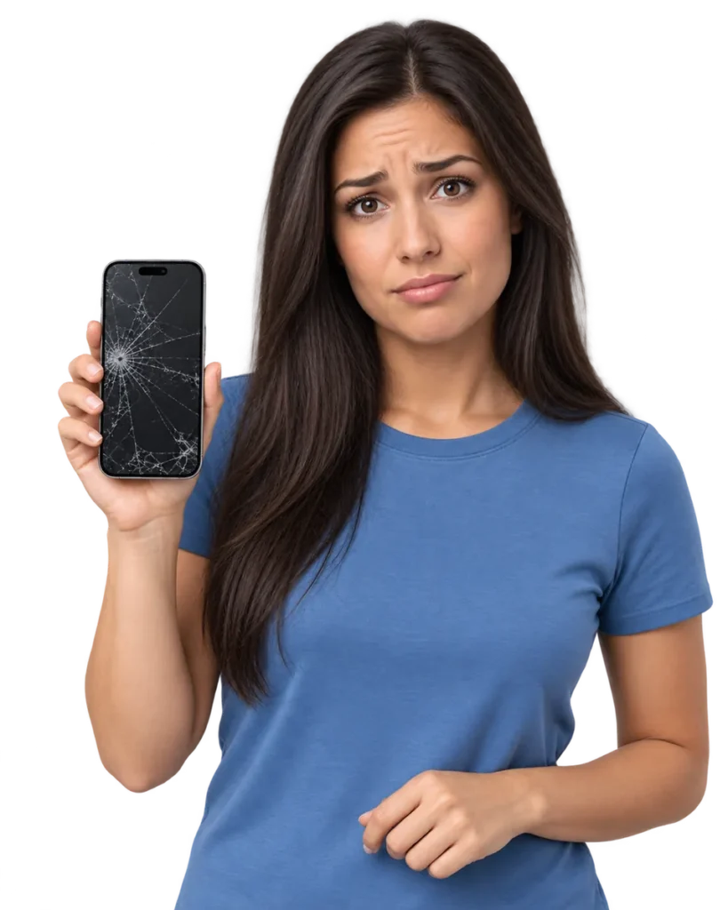 Kvinna i blå tröja visar en iPhone med sprucken skärm – illustration