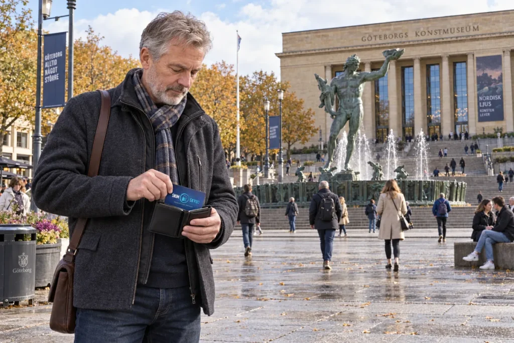 En person ordnar ett SkimSkydd RFID-skyddskort och bankkort i plånboken vid Poseidon på Götaplatsen