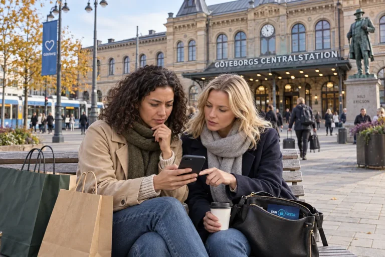 En person granskar korttransaktioner i mobilen utanför Göteborgs centralstation