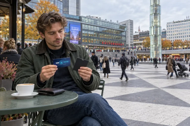 En person jämför kortförvaring på en uteservering vid Sergels torg i Stockholm