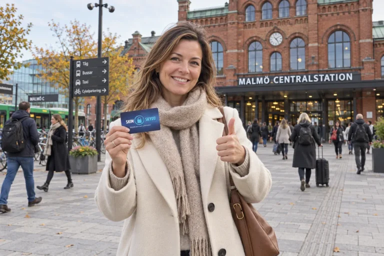 En person visar ett SkimSkydd-kort och gör tummen upp utanför Malmö centralstation