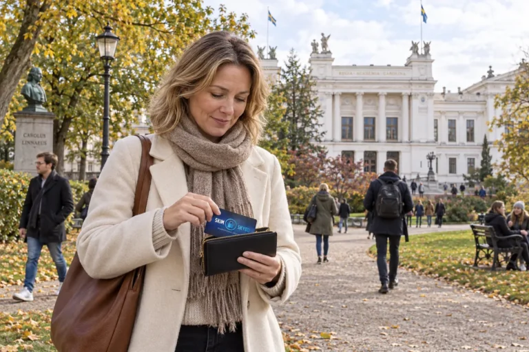 En person ordnar ett SkimSkydd RFID-skyddskort och bankkort i plånboken i Lundagård vid Lunds universitet