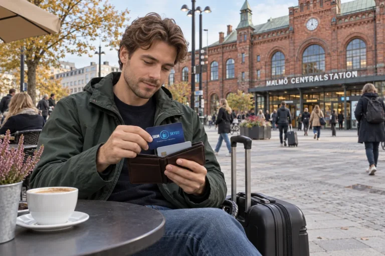 En resenär ordnar korten i plånboken utanför Malmö centralstation
