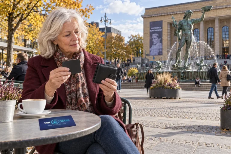 En person jämför kortförvaring på en uteservering vid Poseidon på Götaplatsen i Göteborg