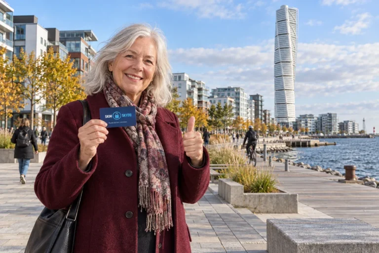 En person visar ett SkimSkydd RFID-skyddskort och gör tummen upp i Västra Hamnen i Malmö
