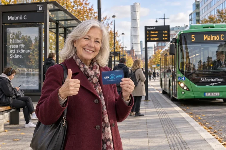 En person visar ett SkimSkydd RFID-skyddskort och gör tummen upp vid en busshållplats i Malmö