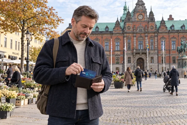 En person ordnar SkimSkydd och bankkort i plånboken på Stortorget i Malmö