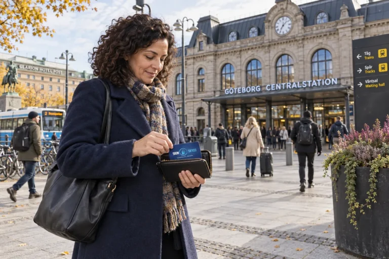 En person ordnar ett SkimSkydd RFID-skyddskort och bankkort i plånboken utanför Göteborgs centralstation
